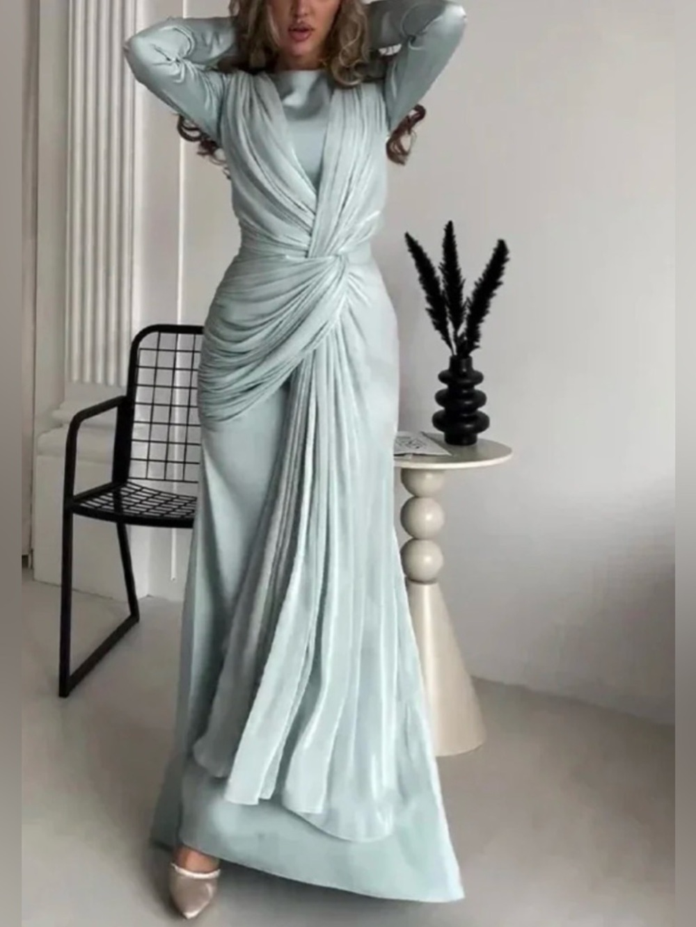 Elegant Sage Green Long Sleeve Draped Maxi Dress